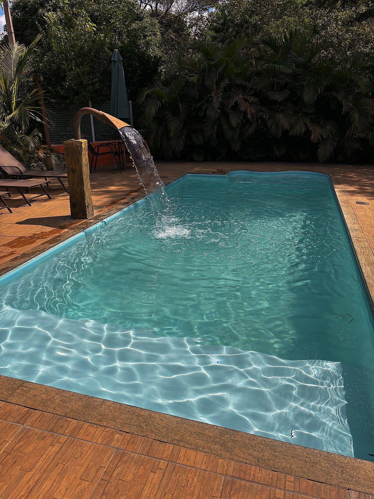 Piscina aquecida com cascata, cercada de palmeiras