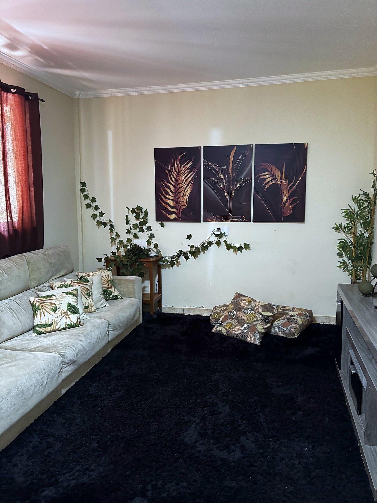 Sala de estar com sofá claro e tapete escuro